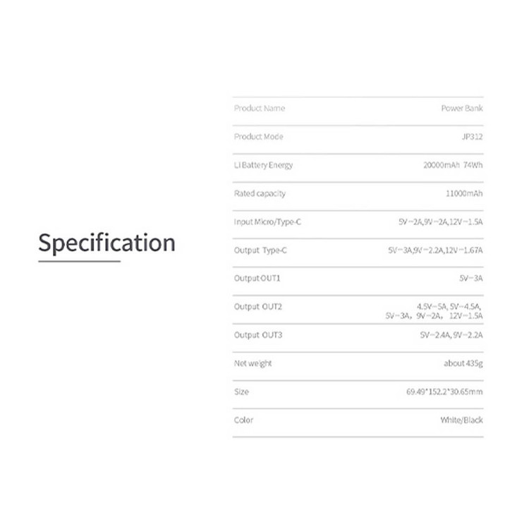 پاور بانک جووی مدل JP312 ظرفیت 20000 میلی آمپرساعت