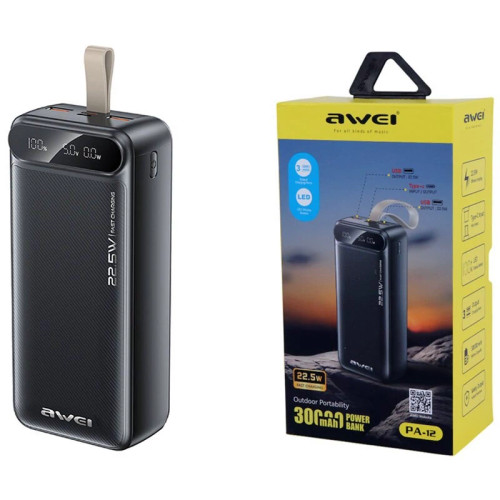 پاوربانک فست شارژ awei اوی PA-12 QC3.0 PD 22.5W ظرفیت 30000 میلی آمپر ساعت