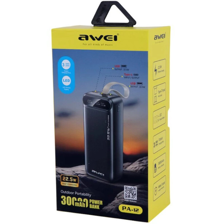 پاوربانک فست شارژ awei اوی PA-12 QC3.0 PD 22.5W ظرفیت 30000 میلی آمپر ساعت