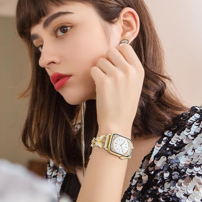 بند اسمارت واچ استیل پروانه ای نگین دار 22 mm طلایی